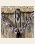 Dark Oil Buckstitch One Ear Headstall & Breastcollar - Pink #OEBC415 on a warm cream background