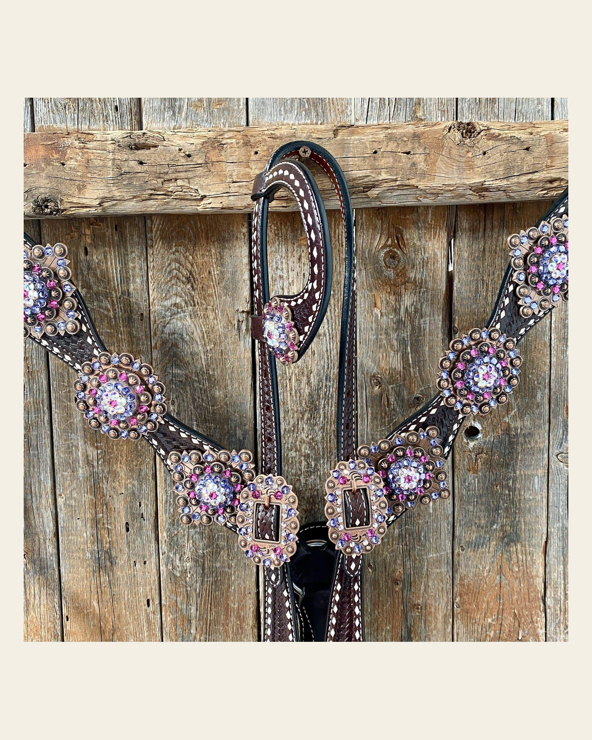 Dark Oil Buckstitch One Ear Headstall & Breastcollar - Pink #OEBC415 on a warm cream background