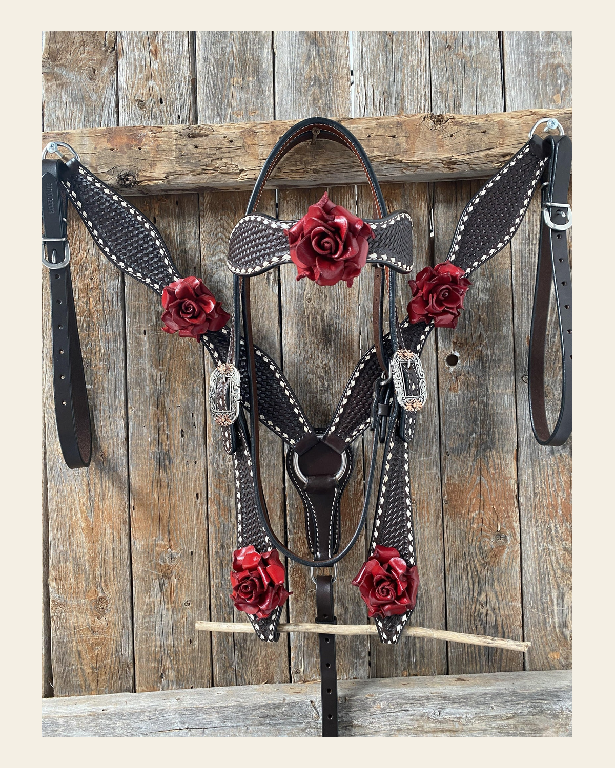 Dark Oil Buckstitch -Red Rose Browband Headstall & Breastcollar Tack Set #BBBC402 on a warm cream background