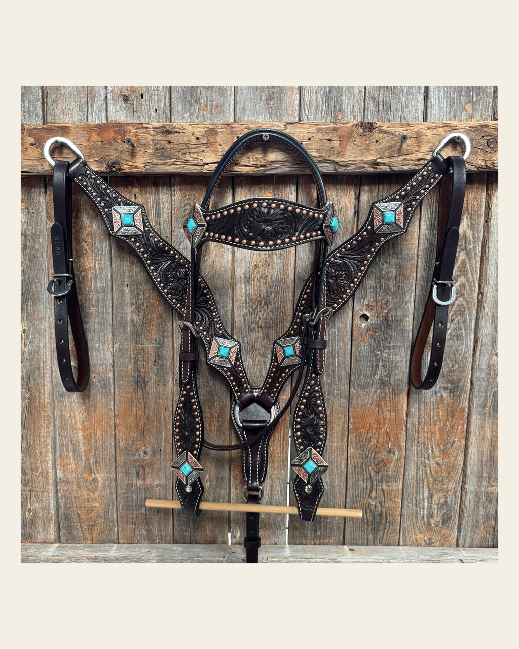 Dark Oil Copper and Antique Silver Browband | One Ear Tack Set #BBBC514 on a warm cream background