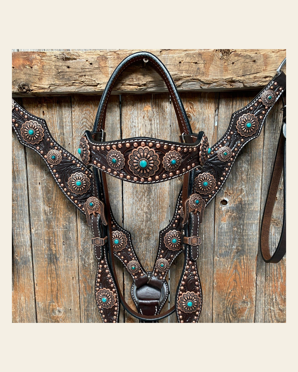 Dark Oil Copper Dot Floral with Turquoise Browband/One Ear Tack Set #BBBC476 on a warm cream background