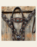 Dark Oil Copper Dot Floral with Turquoise Browband/One Ear Tack Set #BBBC476 on a warm cream background