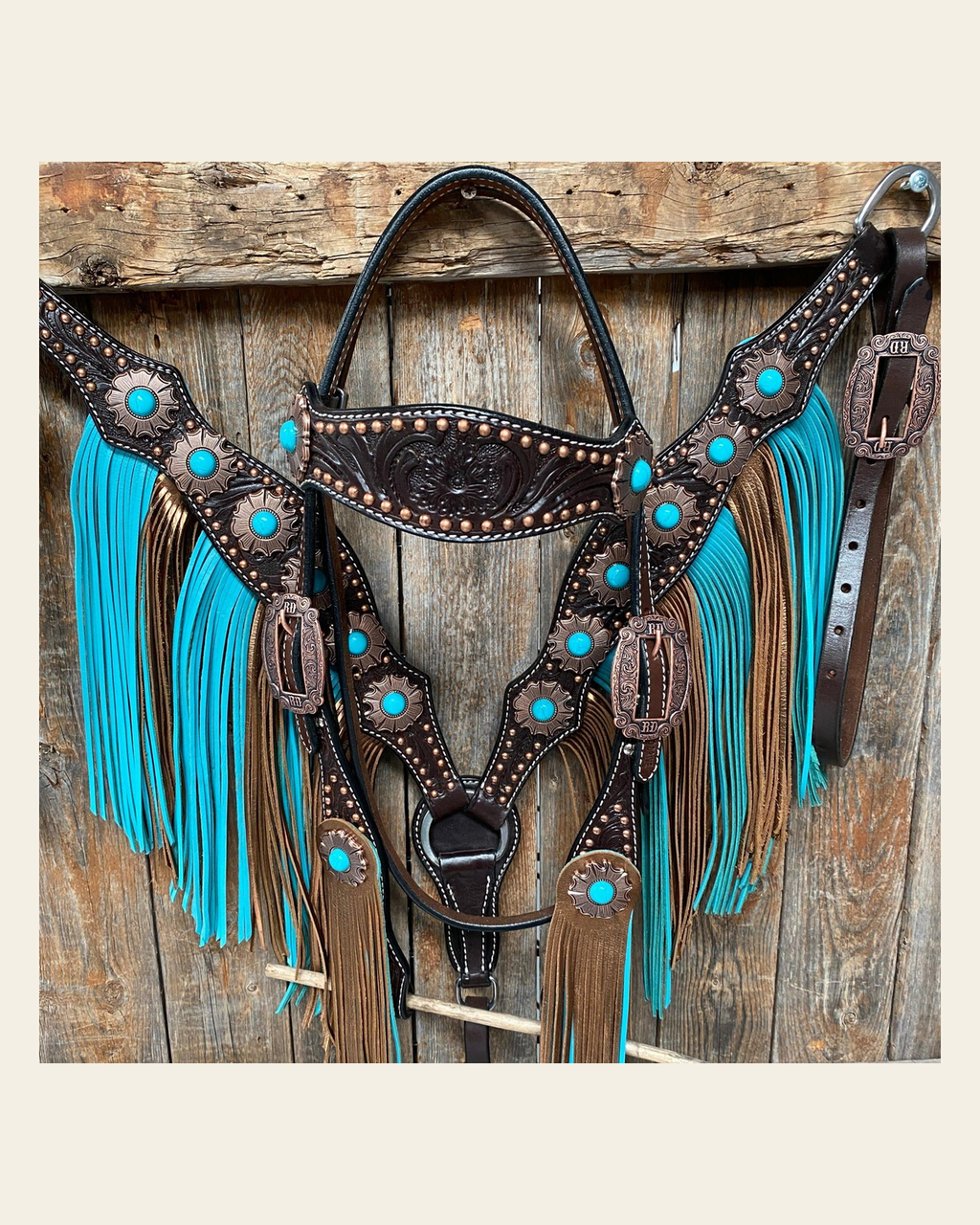 Dark Oil Copper Dot Turquoise Browband/One Ear Tack Set #BBBC498 on a warm cream background