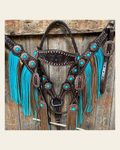 Dark Oil Copper Dot Turquoise Browband/One Ear Tack Set #BBBC498 on a warm cream background