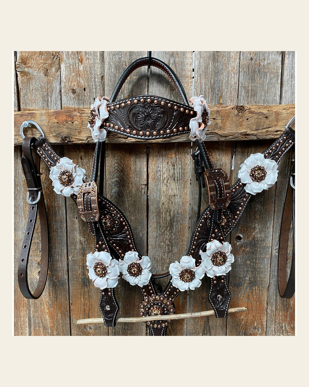 Dark Oil Copper Dot White and Topaz Browband / One Ear Tack Set #BBBC441 on a warm cream background