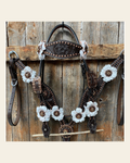 Dark Oil Copper Dot White and Topaz Browband / One Ear Tack Set #BBBC441 on a warm cream background