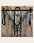 Dark Oil Floral Capri, Fire Opal, Teal Browband/One Ear Breastcollar Tack Set #BBBC678 on a warm cream background