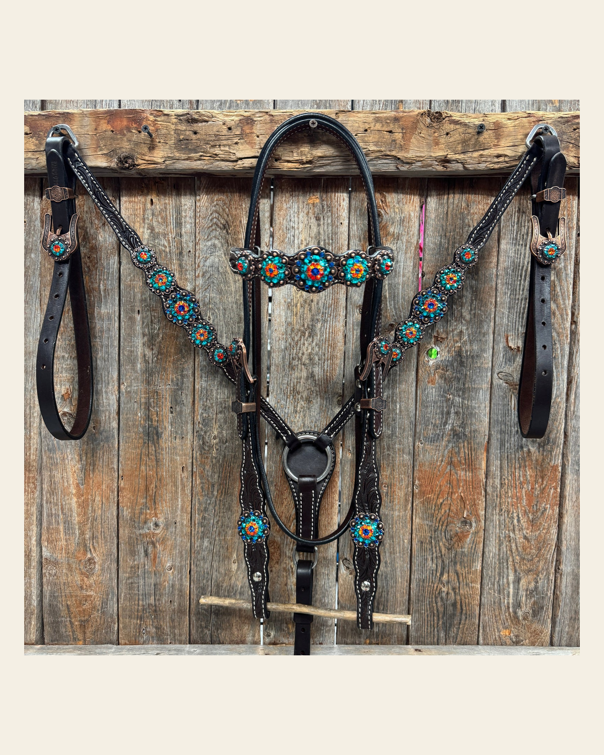 Dark Oil Floral Capri, Fire Opal, Teal Browband/One Ear Breastcollar Tack Set #BBBC678 on a warm cream background