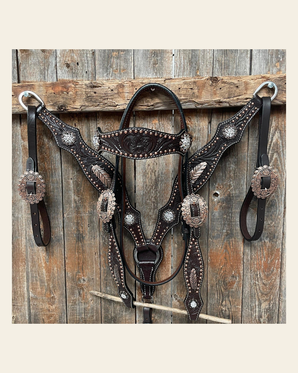 Dark Oil Floral Copper Dot Clear Browband / One Ear / Breastcollar Buckstitch Tack Set #BBBC486 on a warm cream background