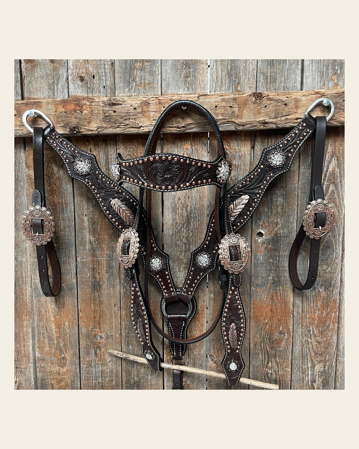 Dark Oil Floral Copper Dot Clear Browband / One Ear / Breastcollar Buckstitch Tack Set #BBBC486 on a warm cream background