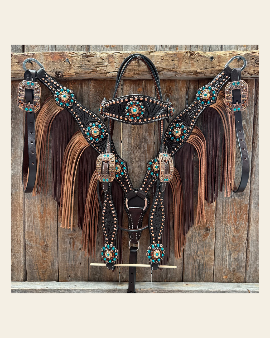Dark Oil Floral Copper Dot Teal and Champagne Browband / Breastcollar Tack Set #BBBC473 on a warm cream background