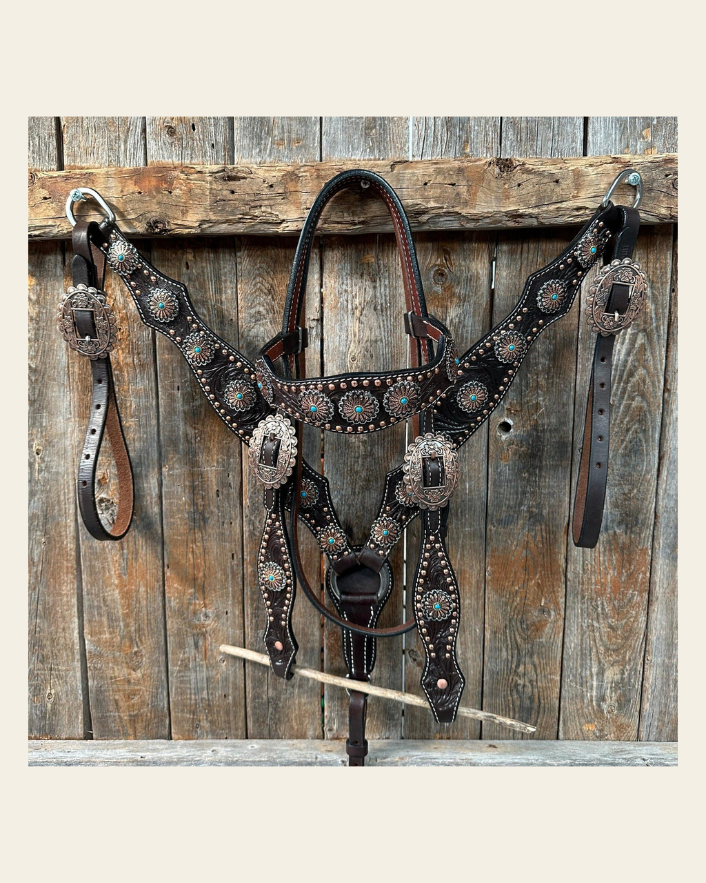 Dark Oil Floral Copper Dot & Turquoise Browband Headstall / Breastcollar Tack Set #BBBC535 on a warm cream background