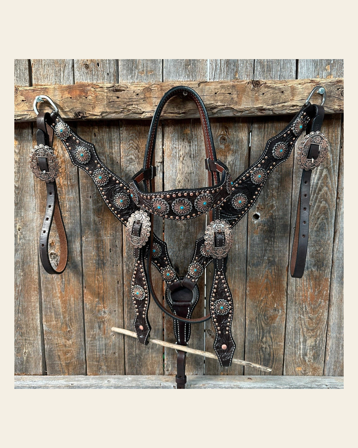 Dark Oil Floral Copper Dot & Turquoise Browband Headstall / Breastcollar Tack Set #BBBC535 on a warm cream background