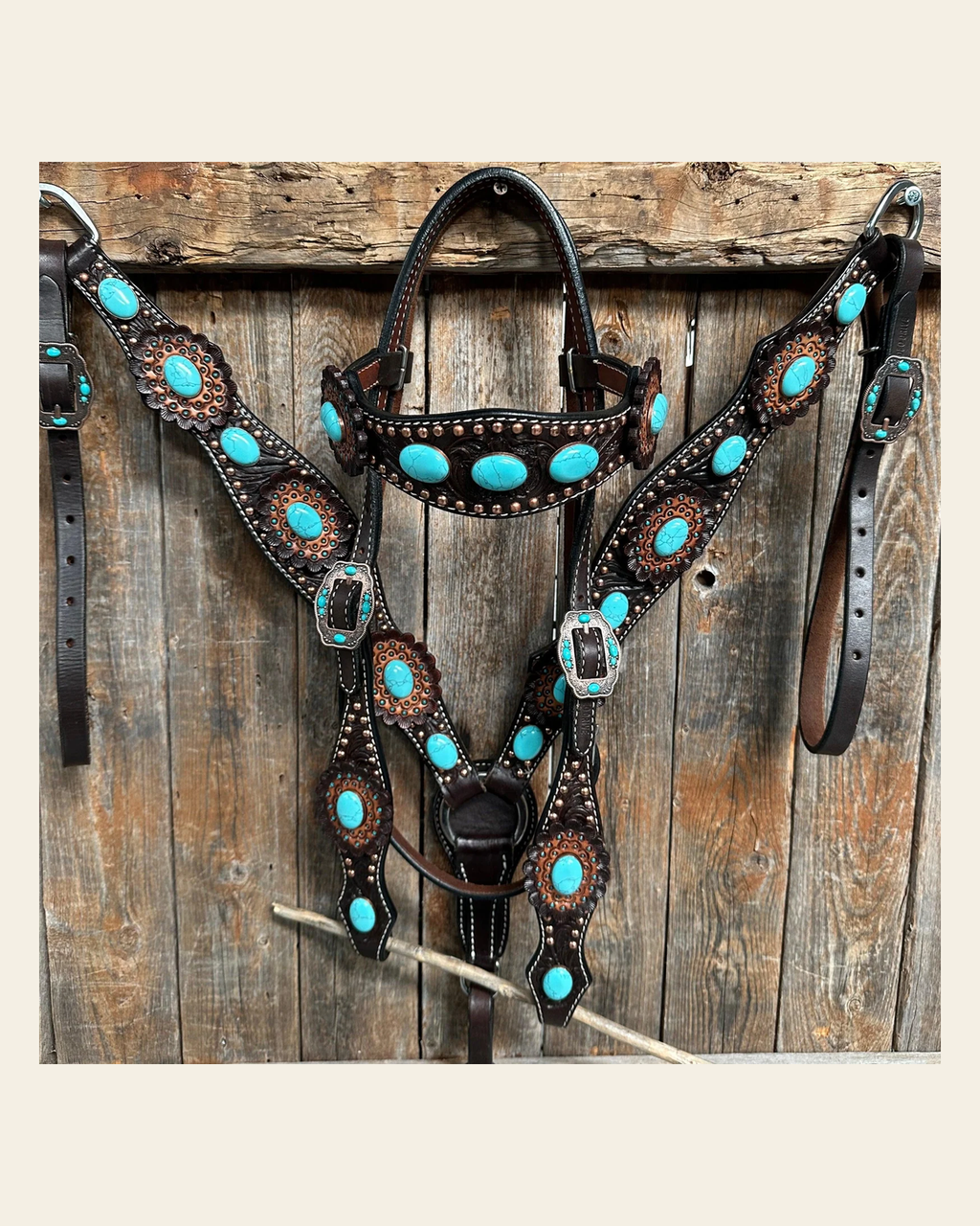 Dark Oil Floral Copper Dot Turquoise Cabochon Browband / Breastcollar Tack Set #BBBC508 on a warm cream background