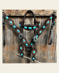 Dark Oil Floral Copper Dot Turquoise Cabochon Browband / Breastcollar Tack Set #BBBC508 on a warm cream background