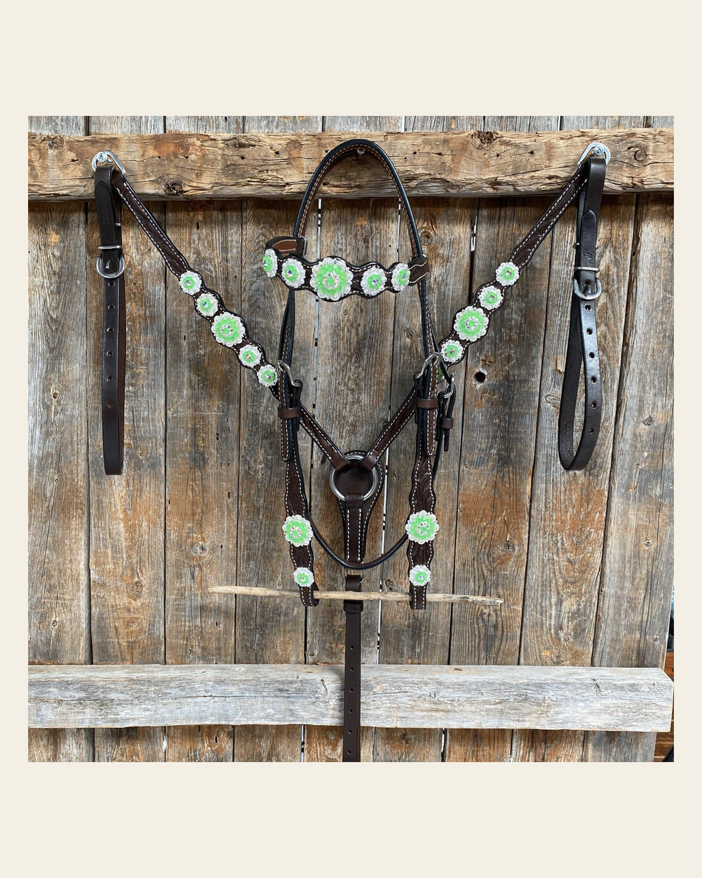 Dark Oil Floral Neon Green Browband / One Ear Tack Set #BBBC560 on a warm cream background