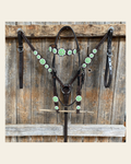 Dark Oil Floral Neon Green Browband / One Ear Tack Set #BBBC560 on a warm cream background