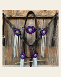 Dark Oil Floral Purple and White Browband / One Ear Tack Set #BBBC456 on a warm cream background
