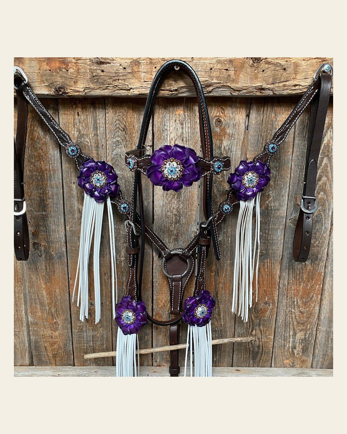 Dark Oil Floral Purple and White Browband / One Ear Tack Set #BBBC456 on a warm cream background