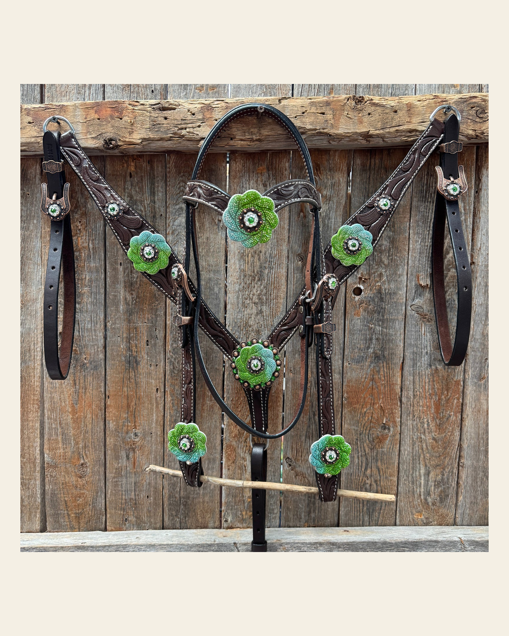 Dark Oil Floral Tooled Fern and Clear Browband & Breastcollar Tack Set #BBBC652 on a warm cream background