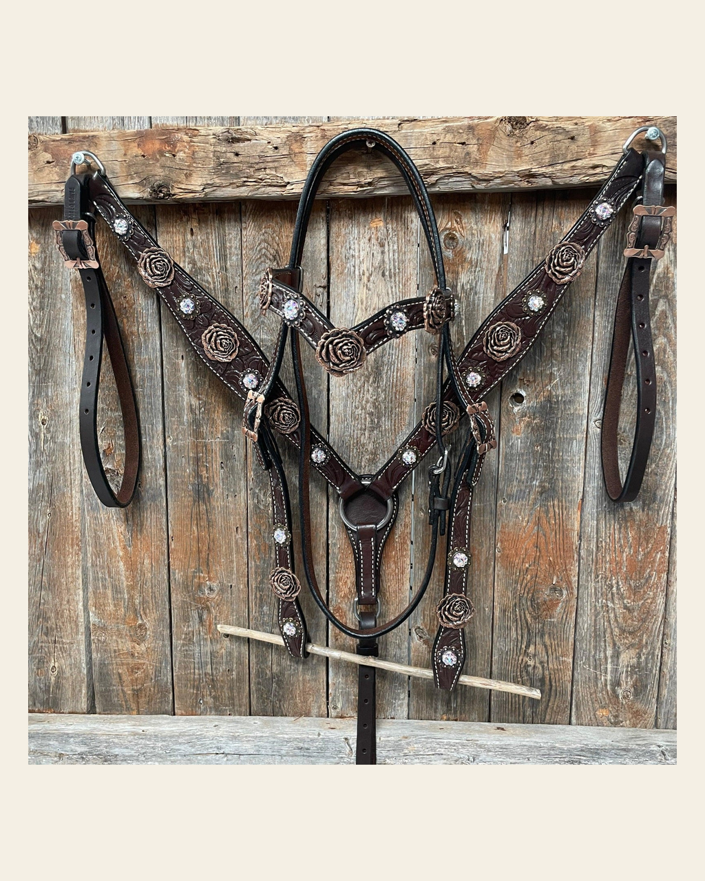 Dark Oil Floral Tooled Roses Browband & Breastcollar Tack Set #BBBC487 on a warm cream background
