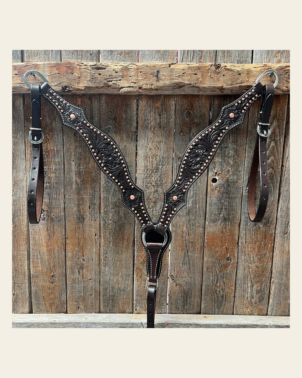 Dark Oil Floral Tooled with Copper Dots Breastcollar on a warm cream background
