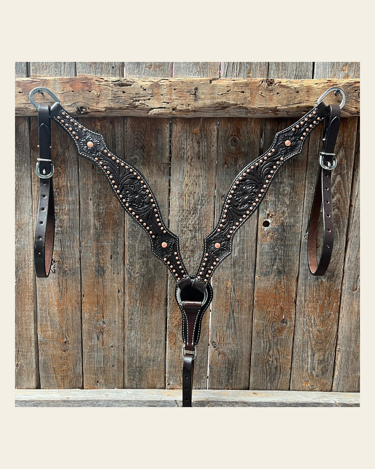 Dark Oil Floral Tooled with Copper Dots Breastcollar on a warm cream background