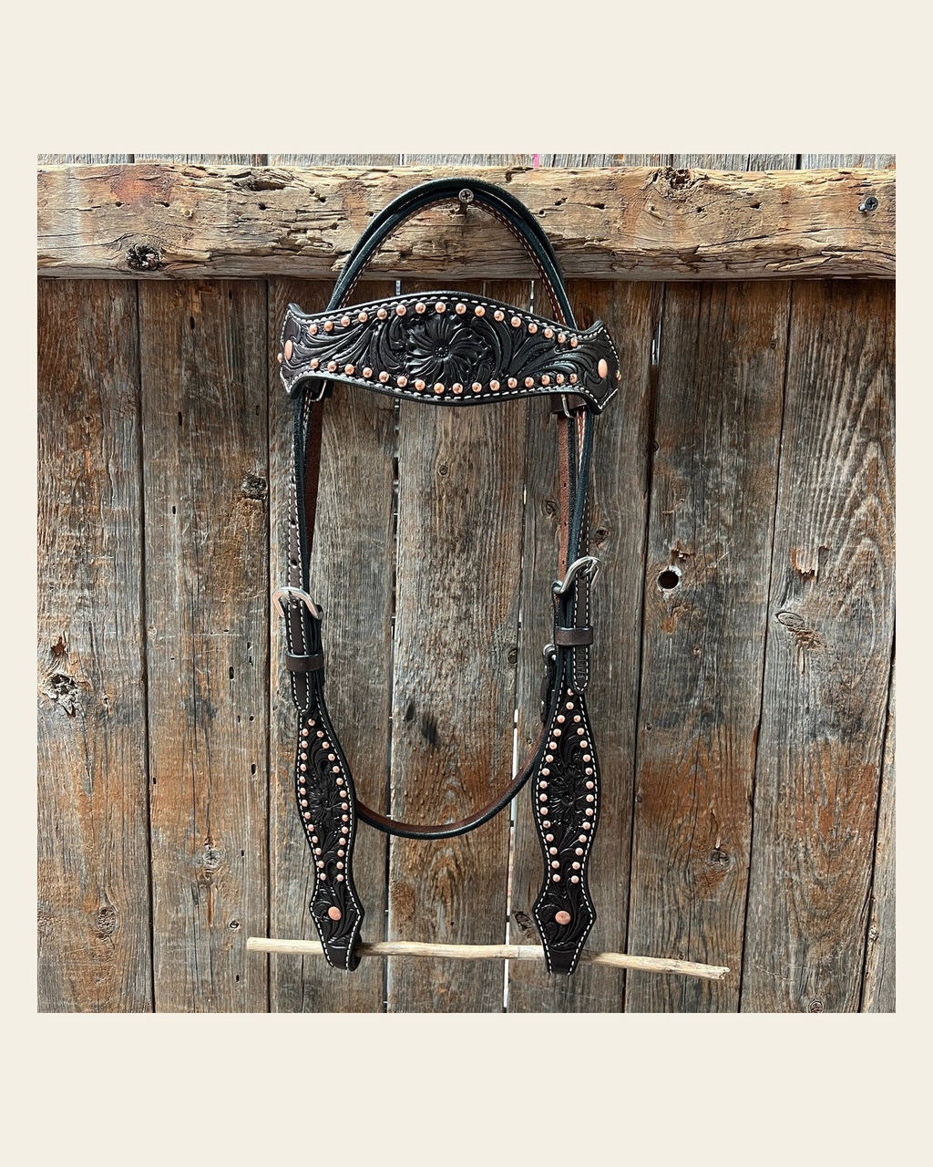 Dark Oil Floral Tooled with Copper Dots Browband Headstall / Bridle on a warm cream background