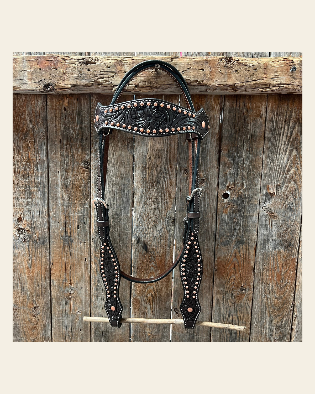 Dark Oil Floral Tooled with Copper Dots Browband Headstall / Bridle on a warm cream background