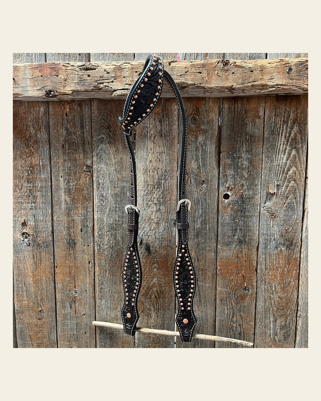 Dark Oil Floral Tooled with Copper Dots One Ear Headstall / Bridle on a warm cream background