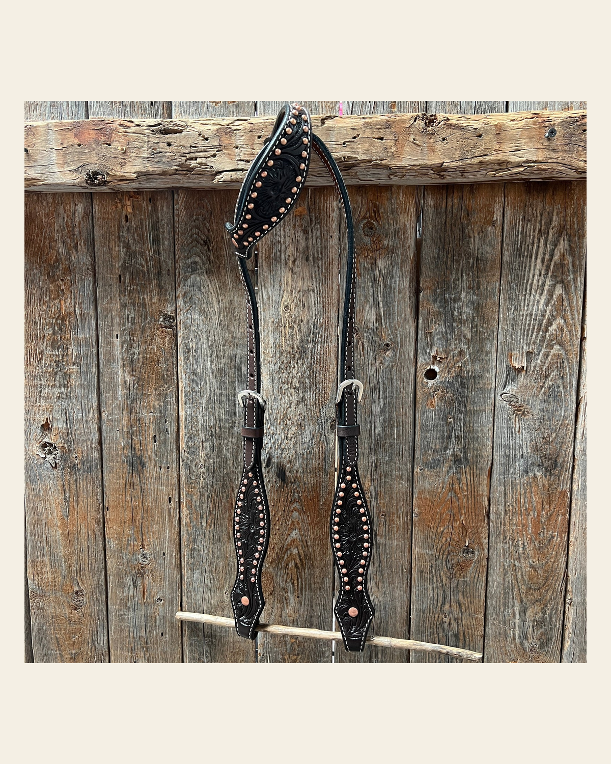 Dark Oil Floral Tooled with Copper Dots One Ear Headstall / Bridle on a warm cream background