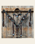 Dark Oil Floral Topaz & Turquoise Browband / Breastcollar Tack Set #BBBC592 on a warm cream background