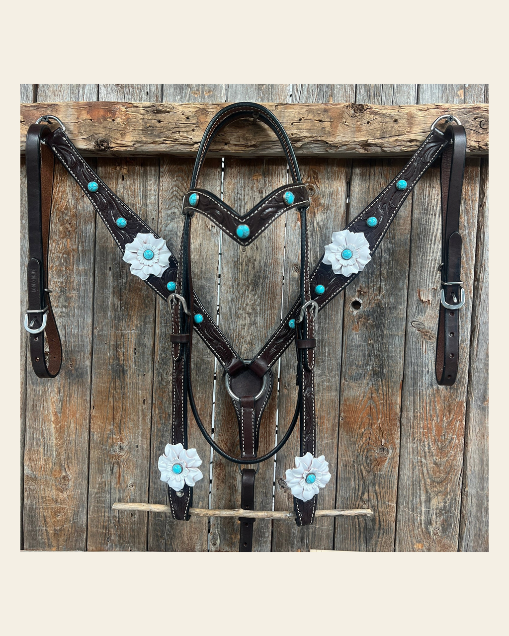 Dark Oil Floral Turquoise Cabochon Browband / Breastcollar Tack Set #BBBC598 on a warm cream background