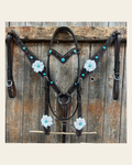 Dark Oil Floral Turquoise Cabochon Browband / Breastcollar Tack Set #BBBC598 on a warm cream background