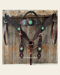 Dark Oil Hand Painted Antique Silver Turquoise Browband/One Ear and Breastcollar Tack Set #BBBC555 on a warm cream background