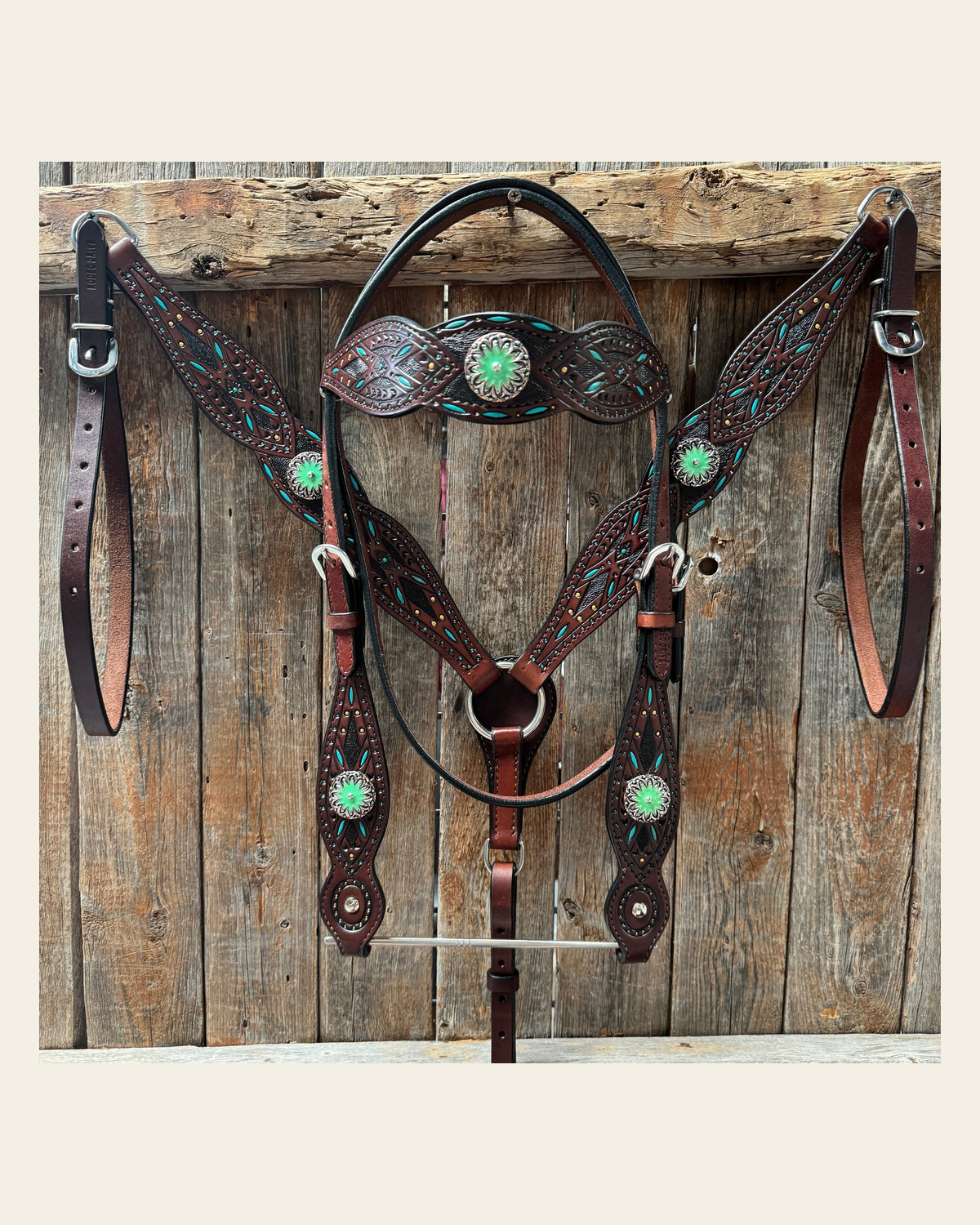 Dark Oil Hand Painted Antique Silver Turquoise Browband/One Ear and Breastcollar Tack Set #BBBC555 on a warm cream background