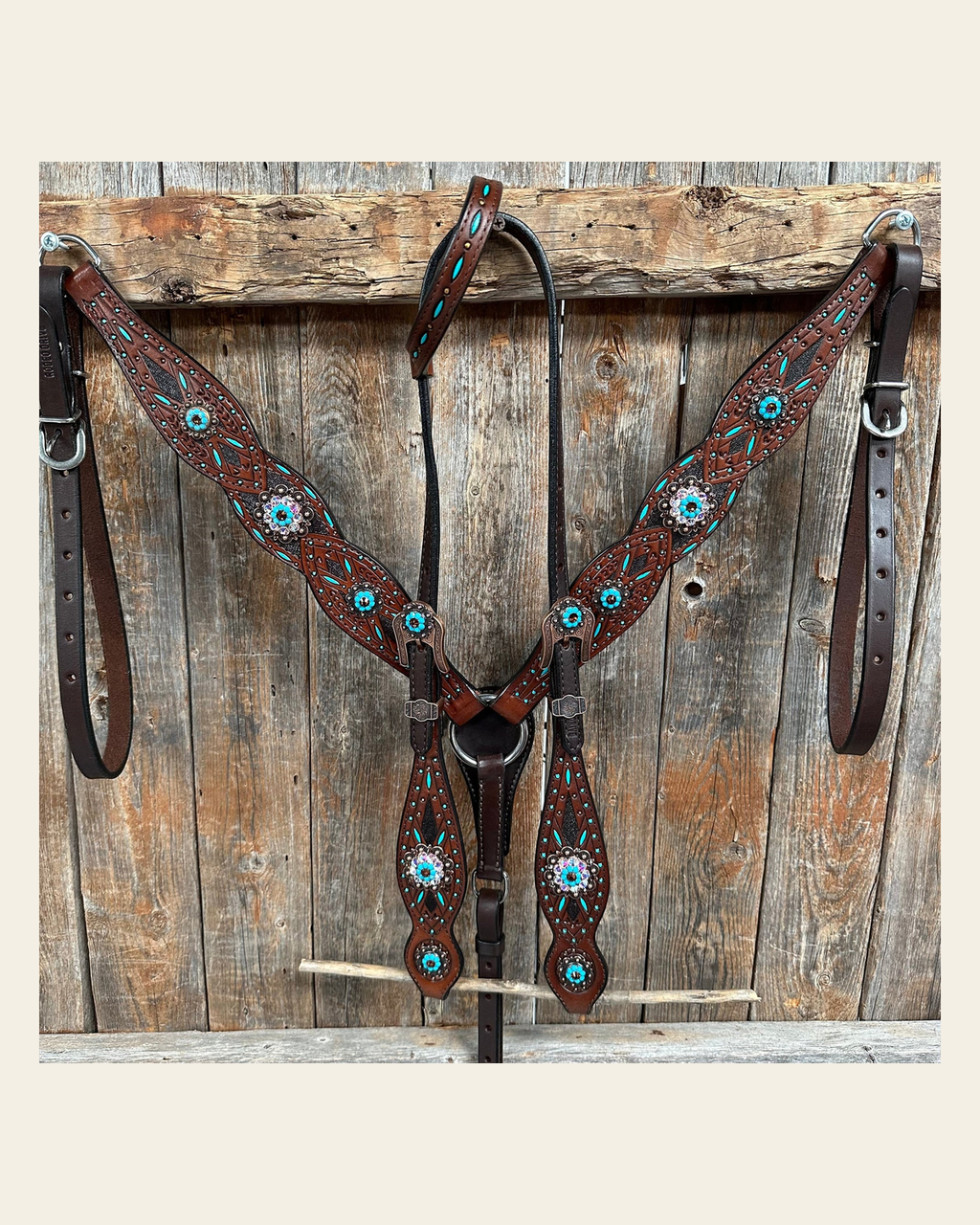 Dark Oil Hand Painted Antique Silver Turquoise One Ear and Breastcollar Tack Set #OEBC564 on a warm cream background