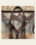Dark Oil Hand Painted Blue Rosettes Browband/ Breastcollar Tack Set #BBBC522 on a warm cream background