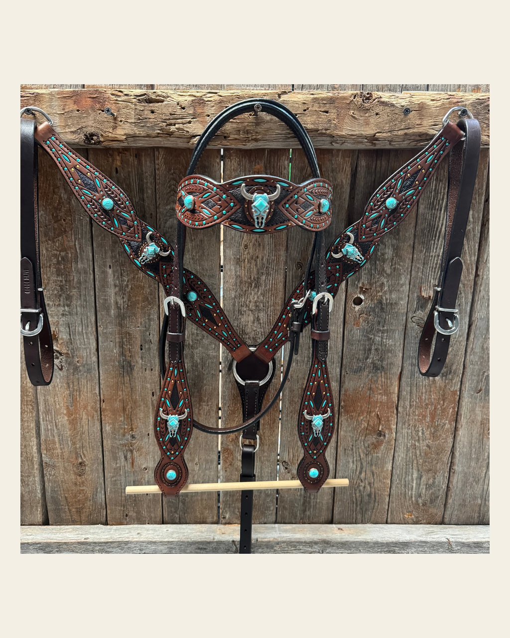 Dark Oil Hand Painted Steer Head and Turquoise Browband/One Ear and Breastcollar Tack Set #BBBC488 on a warm cream background