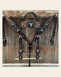 Dark Oil Hand Painted Steer Head and Turquoise Browband/One Ear and Breastcollar Tack Set #BBBC488 on a warm cream background