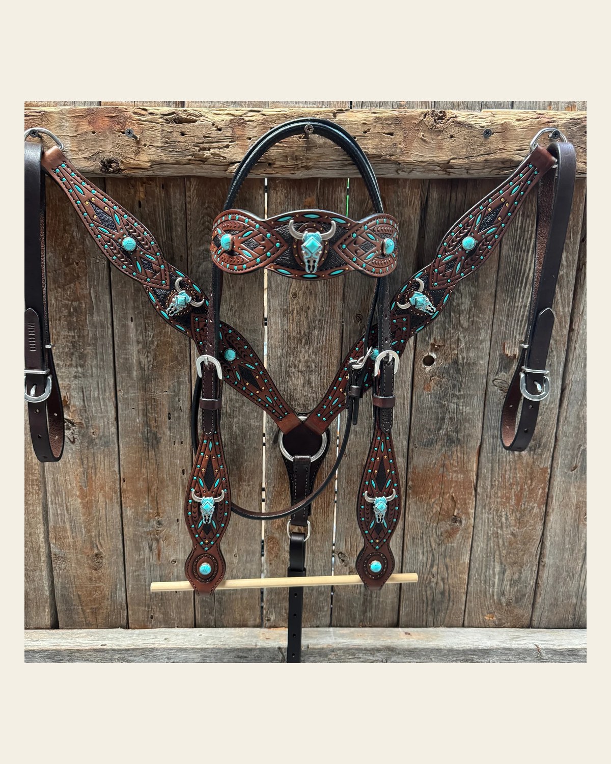 Dark Oil Hand Painted Steer Head and Turquoise Browband/One Ear and Breastcollar Tack Set #BBBC488 on a warm cream background