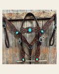 Dark Oil Hand Painted Turquoise Browband/ Breastcollar Tack Set #BBBC524 on a warm cream background