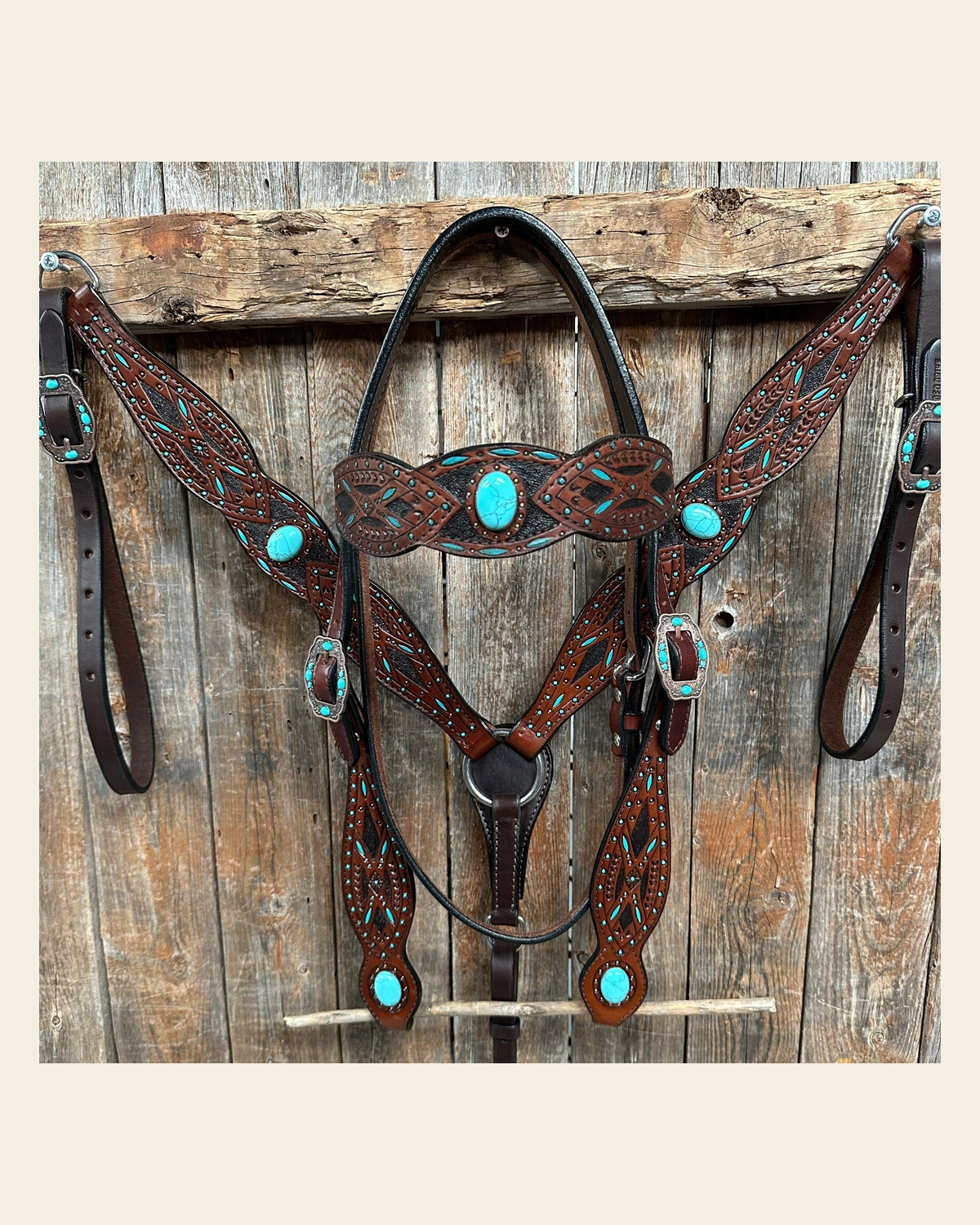 Dark Oil Hand Painted Turquoise Browband/ Breastcollar Tack Set #BBBC524 on a warm cream background