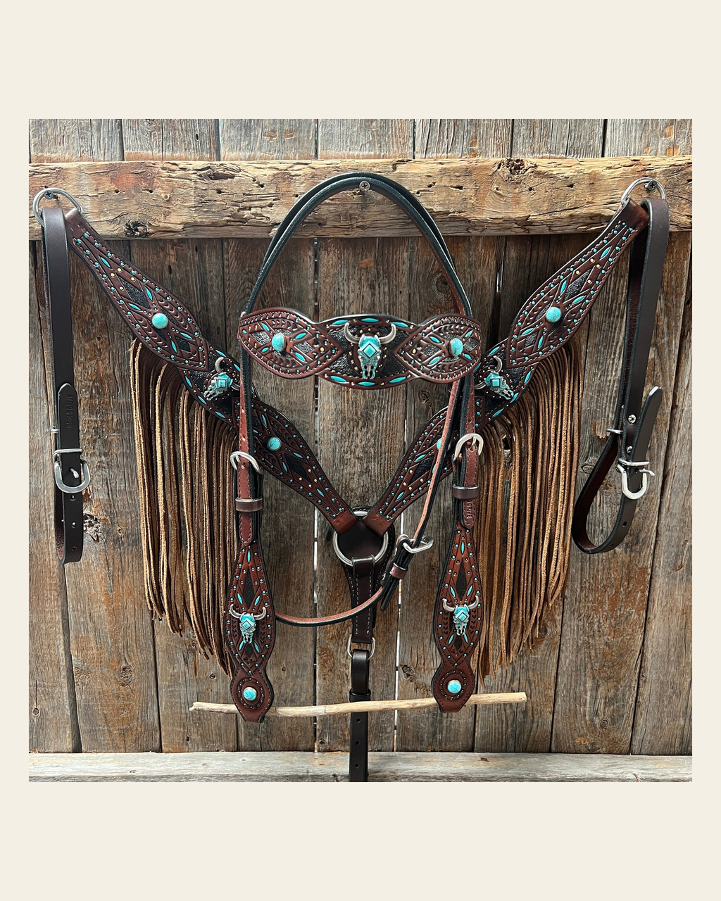 Dark Oil Hand Painted Turquoise Steer Head Browband/One Ear and Breastcollar Tack Set #BBBC624 on a warm cream background