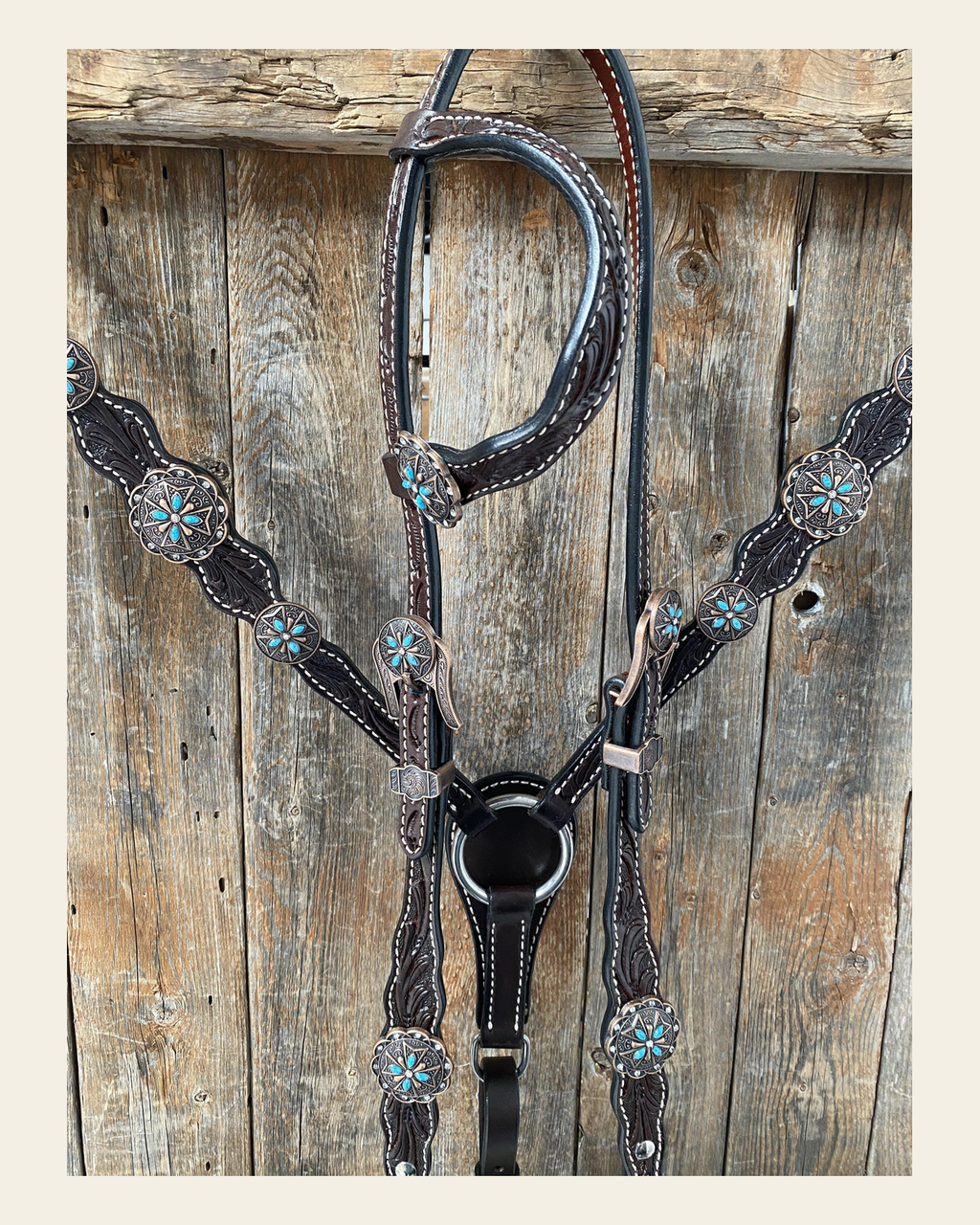 Dark Oil One Ear Headstall & Breastcollar Set #OEBC416 on a warm cream background