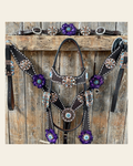 Dark Oil Purple Skull Browband - Breastcollar - Witherstrap Set #BBBC425 on a warm cream background