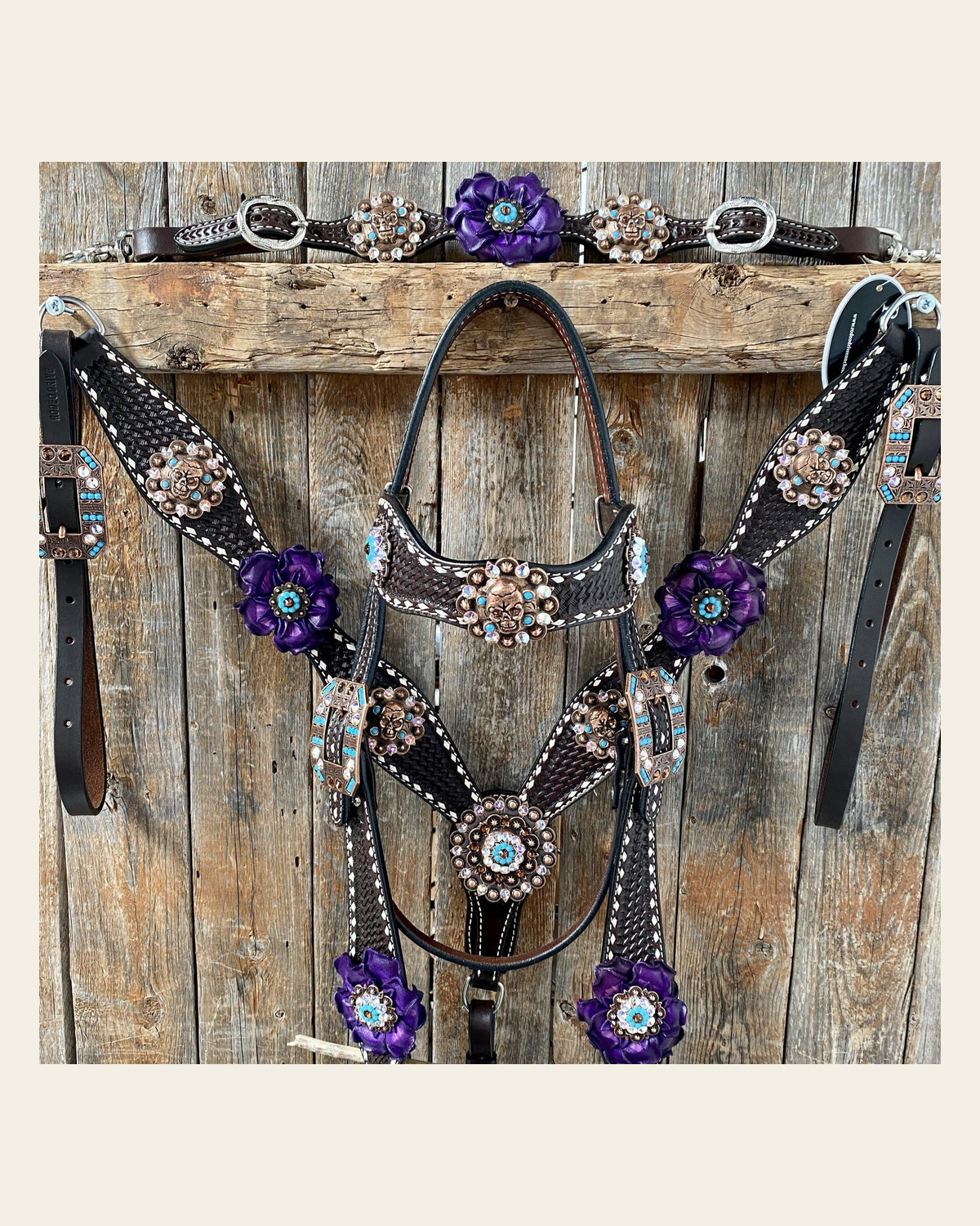 Dark Oil Purple Skull Browband - Breastcollar - Witherstrap Set #BBBC425 on a warm cream background