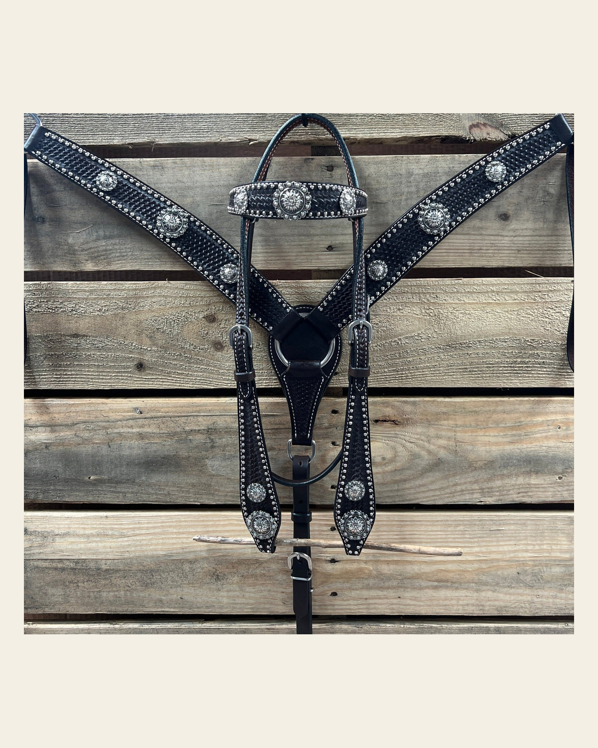 Dark Oil Silver Dot Antique Silver Floral Browband / One Ear Tack Set #BBBC631 on a warm cream background