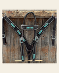 Dark Oil Silver Dot Antique Silver Turquoise Browband | One Ear Tack Set #BBBC500 on a warm cream background