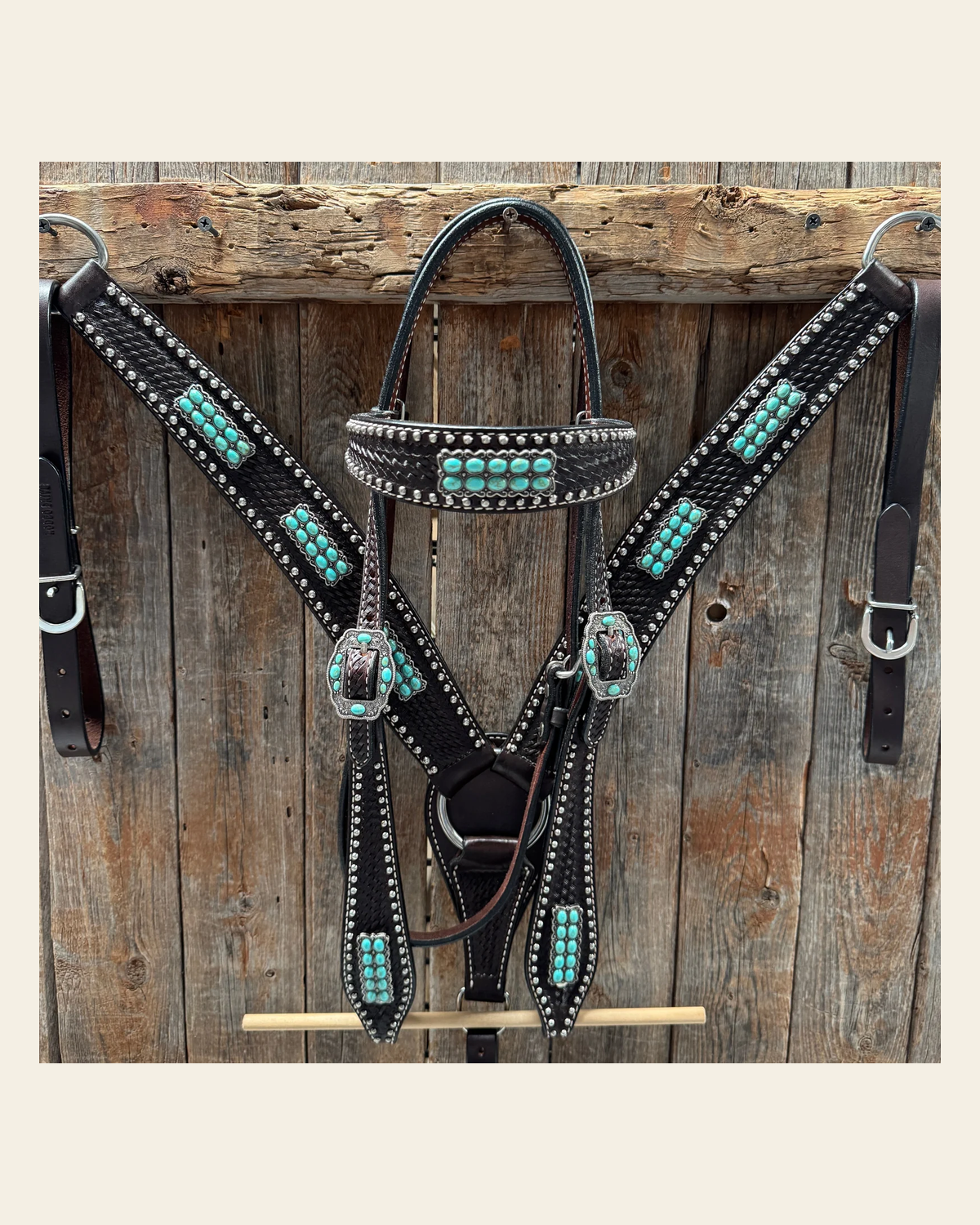 Dark Oil Silver Dot Antique Silver Turquoise Browband | One Ear Tack Set #BBBC500 on a warm cream background
